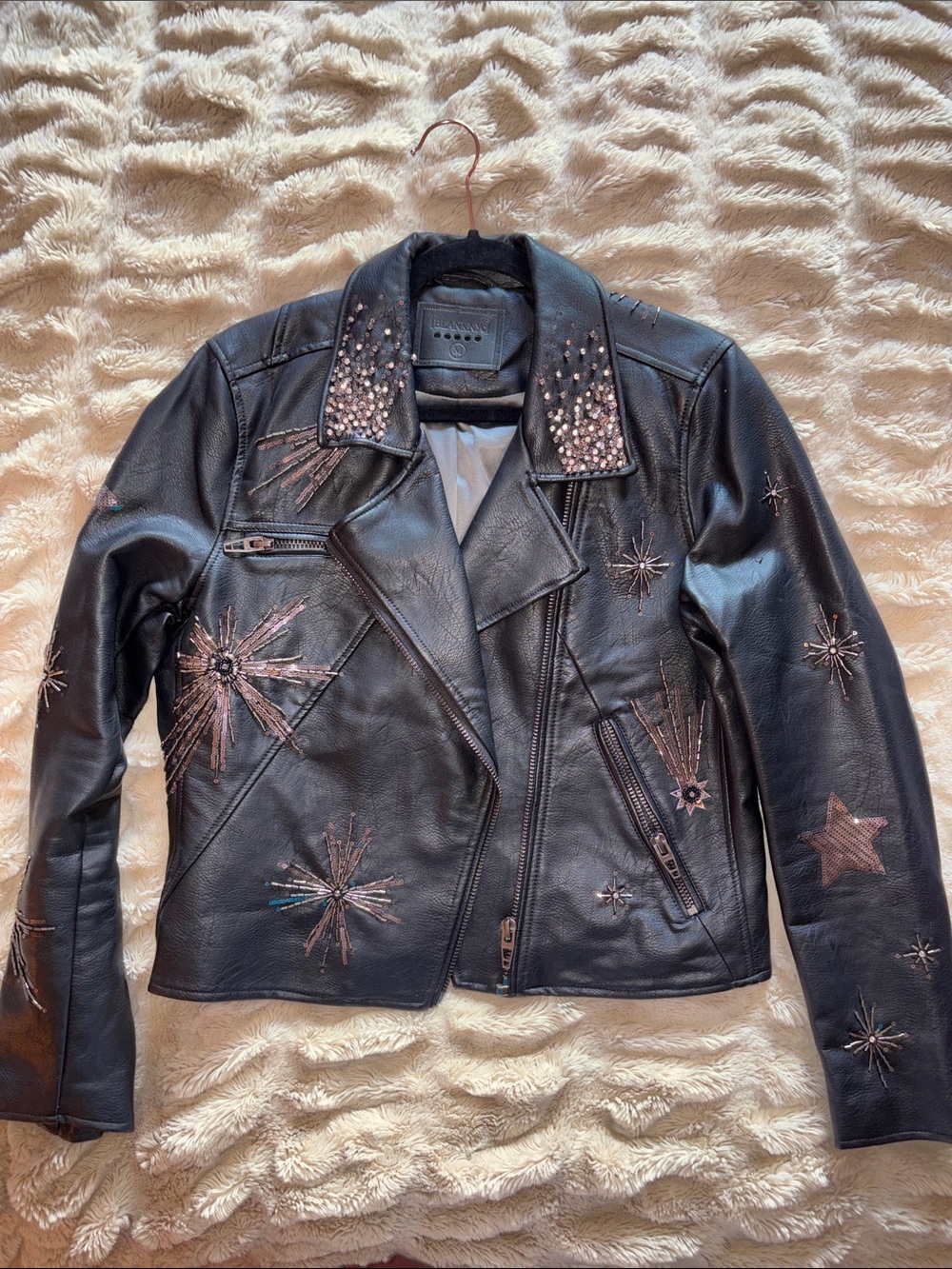 Blank NYC Black Leather Moto Jacket with Metallic Starburst Accents